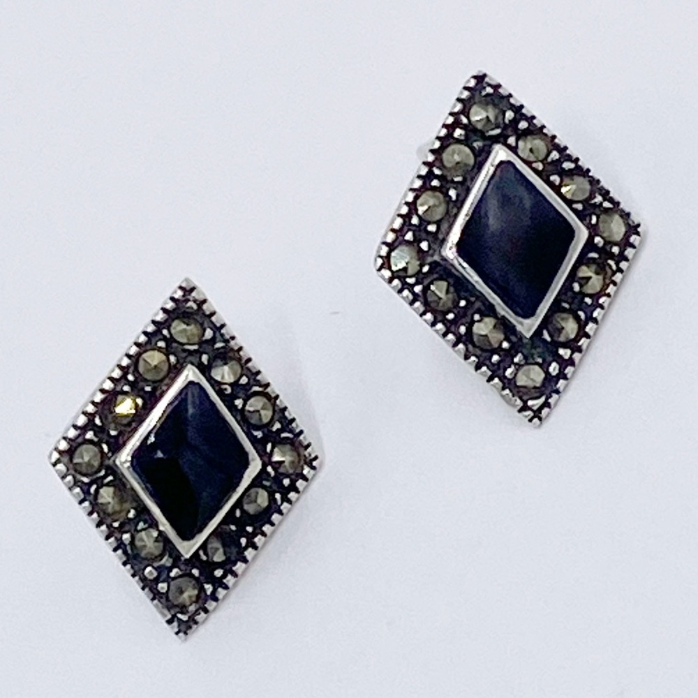 Vintage 925 Sterling Silver Marcasite Black Onyx Post Earrings